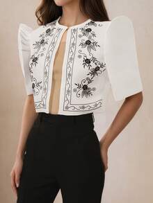 Modern Filipino Style Butterfly Sleeve Floral Print Vintage Puff Sleeve Blouse, Spring/Summer Women's Style, Modern Elegant - White - View 1