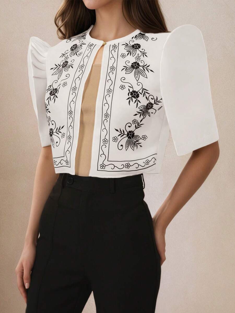 Modern Filipino Style Butterfly Sleeve Floral Print Vintage Puff Sleeve Blouse, Spring/Summer Women's Style, Modern Elegant - White - View 1