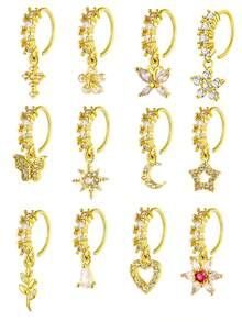 1个20G鼻环吊坠，锆石花朵吊坠鼻环鼻部穿孔饰品，适合女性作为圣诞节、万圣节、情人节、生日礼物或日常佩戴。 - 金色 - 查看 8