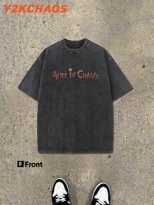 Y2KCHAOS Vintage Band Graphic Tee For Men - Alice In Chains Album Art Print, Distressed Washed Cotton T-Shirt With Bold Rock Music Design, Perfect For Fans Of Classic Grunge And 90s Alternative Rock, Oversized Fit For Casual Streetwear Look, Ideal For Music Lovers And Vintage Style Enthusiasts (250 Washed Cotton T-Shirt) Manfinity - màu đen - Xem 2