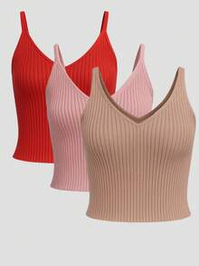 Conjunto de 3 piezas de tirantes casual adelgazante para mujer, unicolor, camiseta casual versátil para uso diario - Desnudo rosa - Ver 9