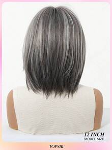 TOPSHE Fashion Natural Looking Wigs 12 Inch Cute Party Dark Grey Short Straight Wigs,Heat-Resistant Synthetic Wig With Bangs For Women, For Party,Cosplay,Halloween Daily Wear - 深灰色 - 查看 5