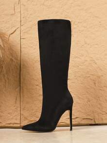 性感时尚绒面尖头细高跟休闲百搭侧拉链黑色及膝靴女式 - 黑色 - 查看 5