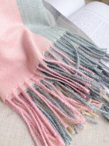 1 件秋冬女士优雅复古多色格子条纹提花仿羊绒围巾/披肩，带流苏，男女通用冬季保暖休闲厚款围巾 - 彩色 - 查看 4