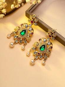 2pcs Vintage Style Earrings For Women, Gold-Tone Base With Green Teardrop Gems, Red Gems, White Diamonds And Pearls - Multicolor - View 3