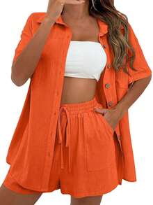 Women's Linen Lightweight Everyday Essential Casual Short-Sleeve Button-Front Shirt And Wide-Leg Shorts Two-Piece Set - trái cam - Xem 1