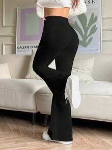 Pantalones rectos de tiro alto y campana en tela lisa para talla pequeña - Negro - Ver 5