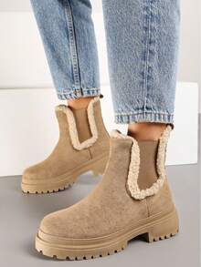 Botas femininas quentes e confortáveis de sola grossa, outono/inverno - Caqui - Ver 2