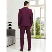Traje slim fit para hombre de 3 piezas, traje formal de esmoquin de doble botonadura, conjunto de traje casual para boda, baile de graduación o novio - Burdeos - Ver 3