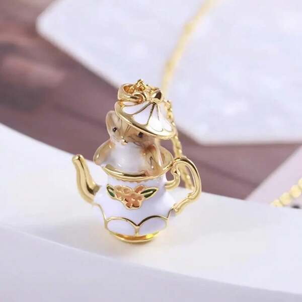 Elegant Cute Teapot Squirrel Pendant Necklace - 18K Gold-Plated Copper, Handcrafted Enamel Charm, Daily And Vacation Wear, Valentine'S Day Her - All Seasons Compatible