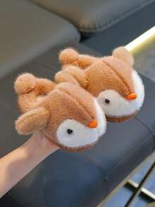 1 Pair Kids Plush Slippers, Cartoon Cute Soft Bottom Penguin Fur Toddler House Slippers, Winter - Brown - View 1