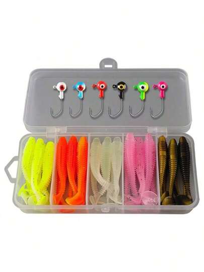 36 Stück Spiral T-Schwanz 6cm Soft Bait Blei Kopf Haken Set, Bionic Soft Wurm Köder für Barsch & Barsch Angeln