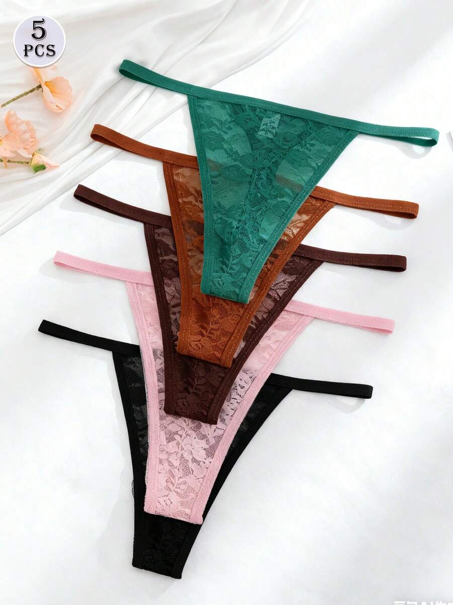 5pcs/Pack Women's Floral Lace Thong Panties, Sexy Low Waist Comfortable Breathable Underwear - Multicolor - View 1
