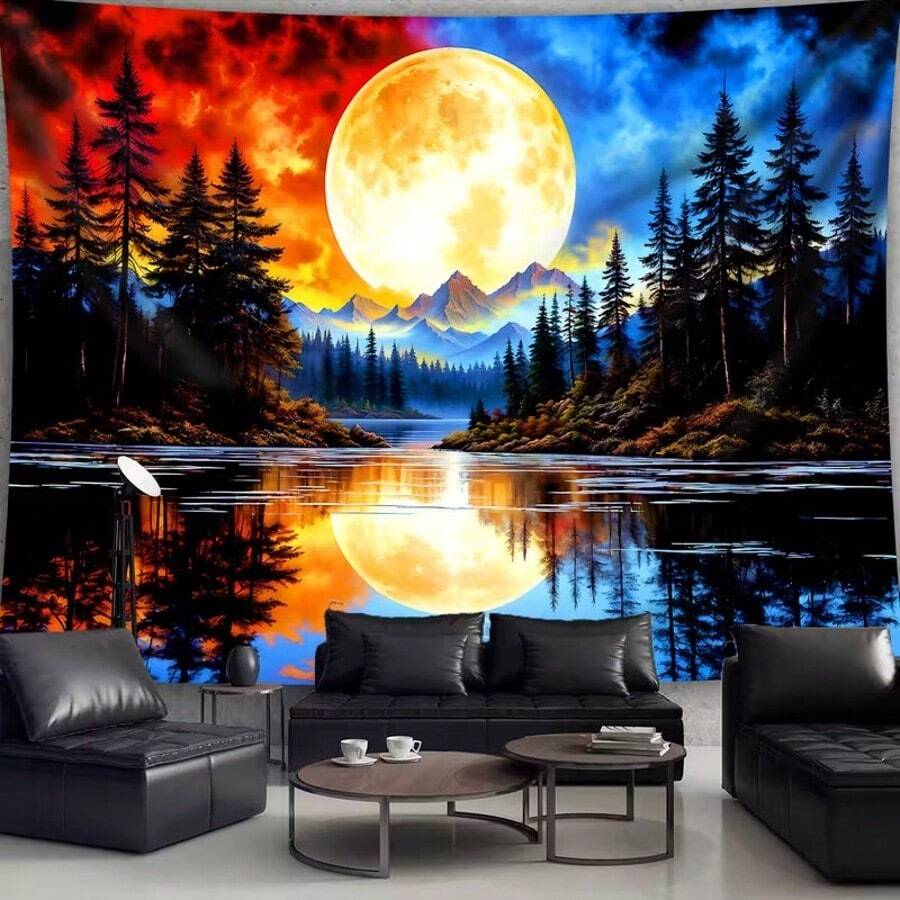 1 pièce Grande taille Impression numérique de paysage de forêt, lac et montagne de rêve. Tapisserie en polyester avec impression esthétique, décoration murale pour salon, chambre, bureau, maison, fête