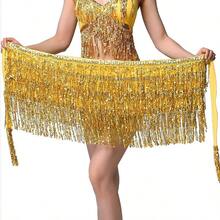 YYC Gold Wrap Belly Dance Sparkling Skirts Fringe Hip Scarf For Festival Fashion - AGoldSequinTasselWrapSkirt - Xem 5