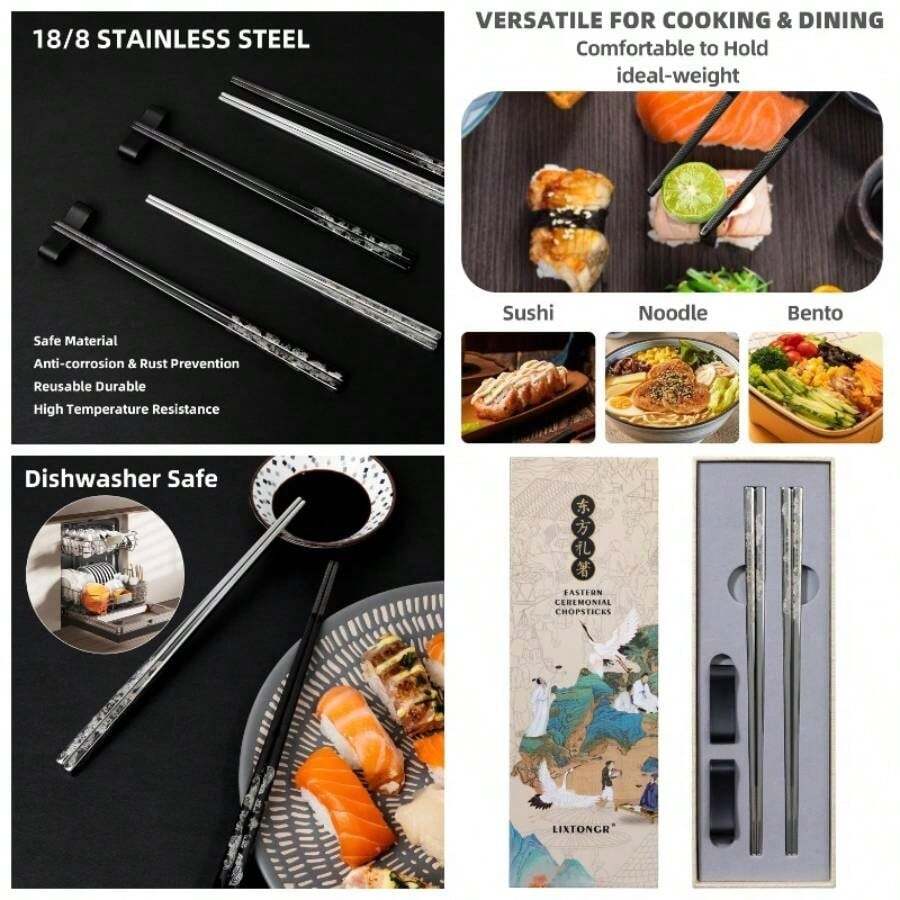 Palillo de metal reutilizable, agarre antideslizante grabado con lser, apto para lavaplatos, estilo japons y coreano, 2 pares de palillos de acero inoxidable para cocina, comedor y viajes 9 - Rojo - - Ver 1