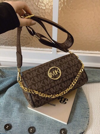 New Fashion Daily Versatile All-Over Print Chain Decoration Flap Design PU Bucket Bag, Women's Elegant One-Shoulder Crossbody Bag, Wallet, Suitable For Shopping And Commuting