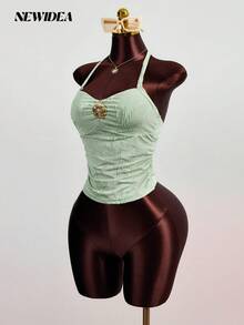 Áo hai dây nữ màu xanh lá cây họa tiết hoa nhí, kiểu dáng ôm sát gợi cảm, áo croptop thời trang cho kỳ nghỉ, thích hợp cho mùa xuân/hè. - màu xanh lá - Xem 6