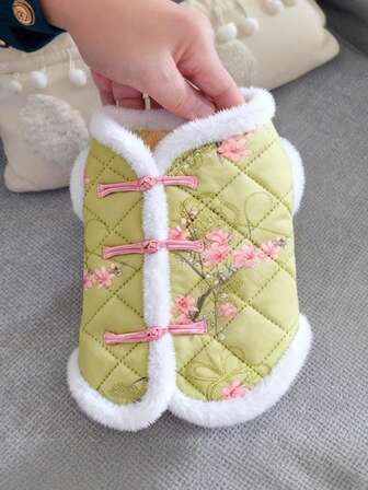 1pc Pet Warm Vest, Dog/Cat Clothes, Chinese Style Retro Tang Suit Design, Suitable For Poodle, Teddy, Bichon Frise And Other Small Dogs In Autumn/Winter