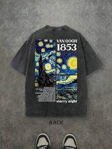 1 PcsRetro Washed T-Shirt Double Sided Printed (230 Pure Cotton T-Shirt) 'VAN GOGH 1853' Starry Night Letter Print, Men's T-Shirt, Men's Casual, Comfortable, Fashionable T-Shirt, Street Style Cotton180g 100% Cottonvalentine's Day - 寶藍色 - 查看 7