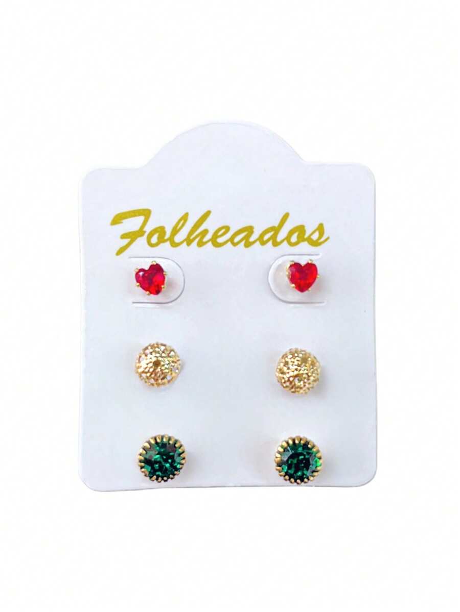 Kit 3 Pairs Of Small Gold Plated Earrings For First, Second And Third Holes, Various Models, Rhinestone Stones - MODEL 06 - View 1