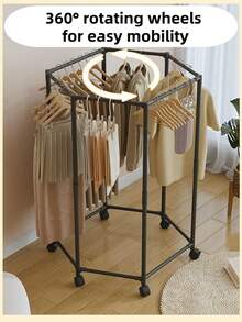 6-Arm Multifunctional Clothes Stand With Lockable Wheels, No Drill Installation Hexagon Towel Rack, Space Saving Drying Rack For Bedroom, Bathroom, Balcony, Dorm - Sturdy & Stable Storage Holder - màu đen - Xem 5