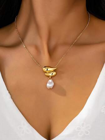 1 件优雅复古、百搭日常珠宝、金属泪珠、流苏仿珍珠吊坠项链，适合女士，适合通勤、派对、家庭聚会、送给妈妈、生日、送给女儿的礼物