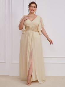 UNITHORSE Plus Size Bridesmaid Dress With Sequin Waist, Ruffle Hem And Side Slit, Chiffon - Apricot - View 2