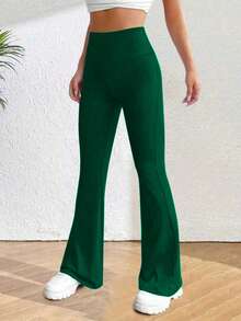 PETITE Solid High Rise Flared Straight Leg Pants - Green - View 4