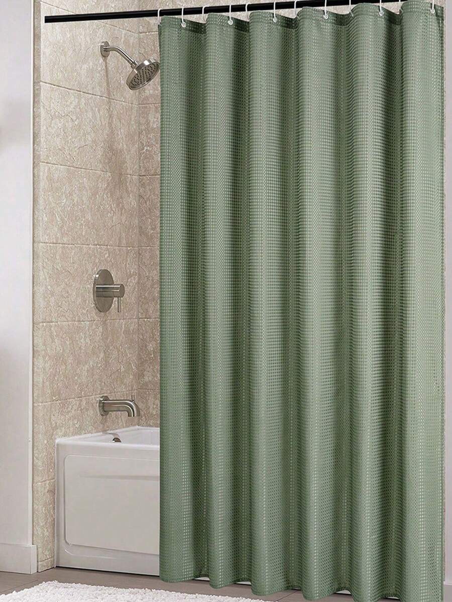 1pc Waffle Textured Bathroom Shower Curtain, Waterproof Fabric Shower Divider, Dry & Wet Separation, With Plastic Hooks, Waterproof Material Christmas Decor