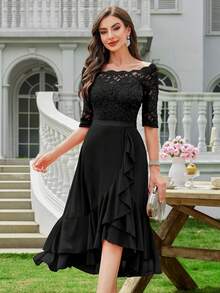 MIUSOL Elegant Women's Floral Lace Boat Neck Contrast Black Chiffon Midi Swing Dress, Half Sleeves Asymmetrical Ruffle Flowy Hem, For Wedding Guest, Cocktail Party, Evening Or Formal Event - màu đen - Xem 3