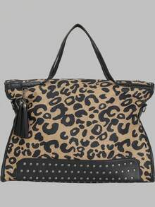 DareSee Geantă de umăr cu imprimeu leopard, geantă elegantă cu imprimeu leopard, geantă de umăr de mare capacitate, cu nituri, decor cu ciucuri, cele mai bune cadouri personalizate pentru femei, mame și iubite, geantă cu imprimeu leopard, festival de muzică, festival Y2K, înapoi la școală, toamnă, Halloween, genți de Crăciun perfecte pentru petreceri elegante, asortate cu costume de Crăciun, cadouri de Crăciun și iarnă.