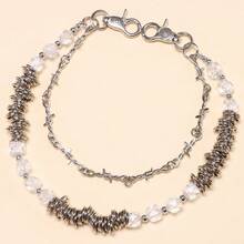 1pc New Vintage Fashion Thorn Asymmetric Pearl Chain Accessory, Punk Style Handmade Double-Layer Pants Chain, Suitable For Daily Wear