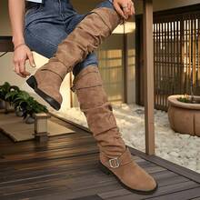 New Autumn And Winter Women's Shoes, Ruffled Low - Heel Western Cowboy Boots With Belt Buckles. These Are Long Boots With Thick Heels, Slimming Long Tubes. They Are Sports - Casual Knee - High And Thigh - High Boots, Versatile And Sexy Autumn And Winter Cowboy Boots. - màu nâu - Xem 2