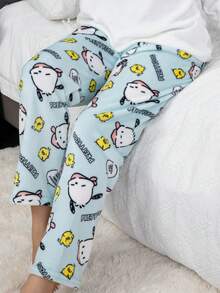 1pc Women's Cartoon Cute Flannel Warm Thermal Lined Fluffy Pajama Pants, Comfortable Loose Fit Trousers Suitable For Autumn/Winter, Cozy - Blue - View 4