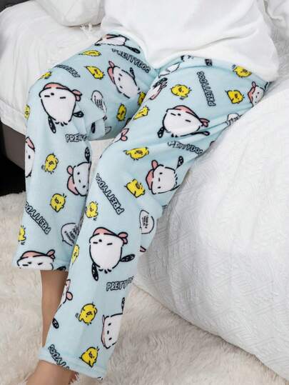 Sanrio 1件装女士卡通可爱法兰绒保暖蓬松睡裤，舒适宽松版型，适合秋冬季节穿着，温暖舒适