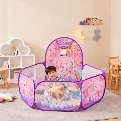 Kids Ball Pit Tent - Indoor/Outdoor Playhouse, Easy Fold, Suitable For Birthday Party, Cartoon Pink Elephant Theme Decor, Sturdy Entrance, Pink Tent, For Boys & Girls (Toddlers & Children), Portable Playhouse For Home, Daycare Or Events, Dreamlike Design, Easy Fold, Outdoor Leisure Area, Camping Tent, Sturdy Structure