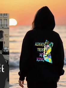 1PC Men's & Women's Matching Couple's Hooded Sweater  - ALWAYS PROTECT MY QUEEN / ALWAYS TRUST MY KING Loose Fit Long Sleeve Pullover With Pockets, Cozy Casual Winter Sweater For Couples, Machine Washable Matching Outfits For Valentine's Day Gifts - 女款黑色 - 查看 2