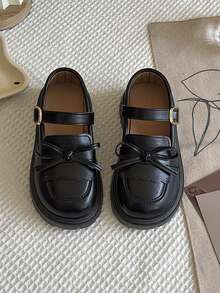 Girls' Mary Jane Loafers, Decorated With Bow, Brown Leather Thick Sole School Uniform Shoes, Suitable For Daily And Party Wear - Black - View 1