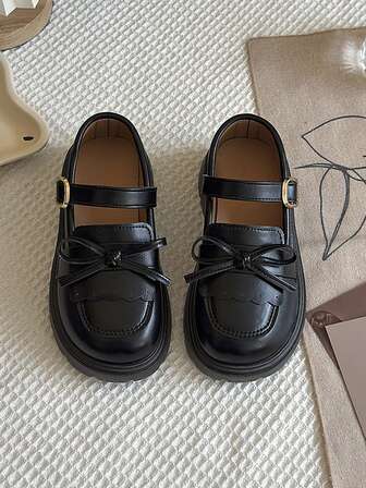 Zapatos tipo Mary Jane para niñas con moño, zapatos escolares de cuero marrón con suela gruesa, para uso diario y de fiesta