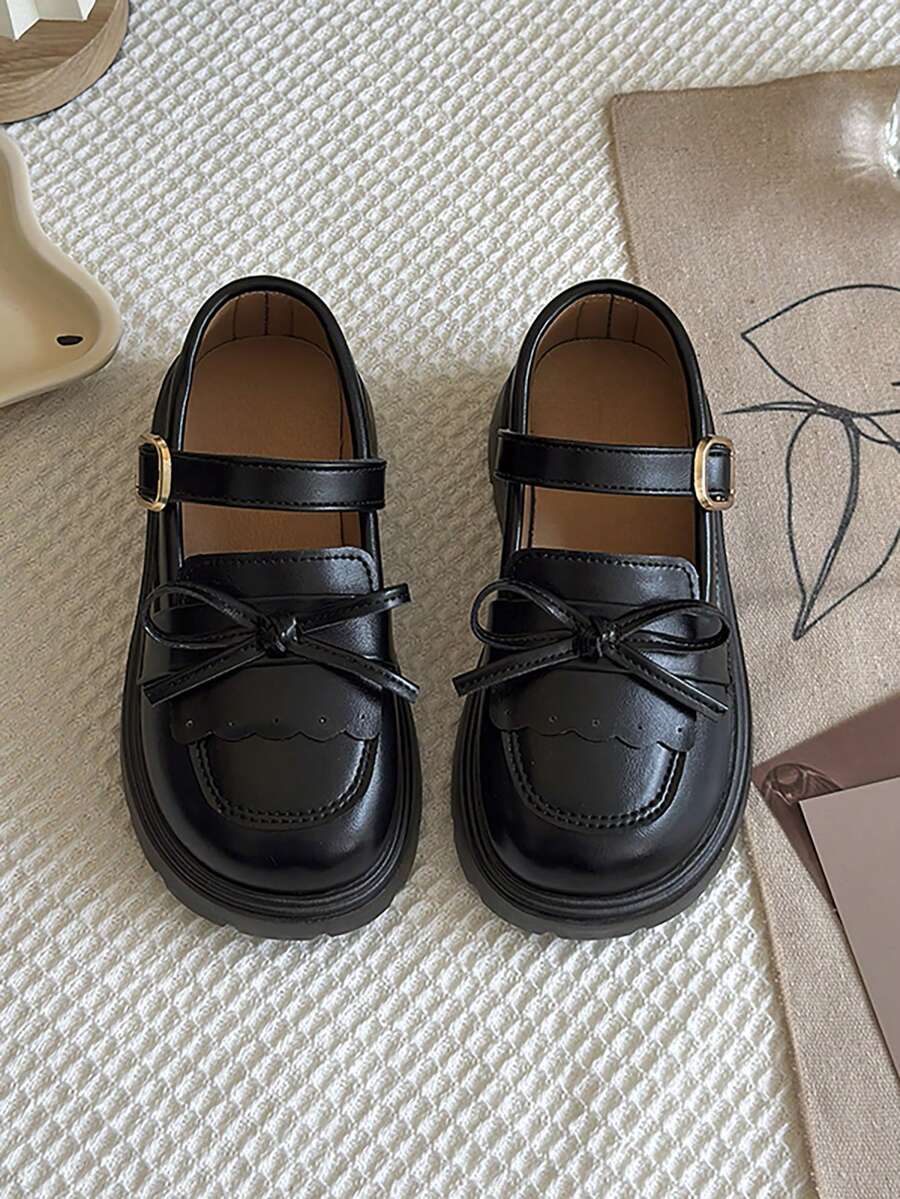 Girls' Mary Jane Loafers, Decorated With Bow, Brown Leather Thick Sole School Uniform Shoes, Suitable For Daily And Party Wear - Black - View 1