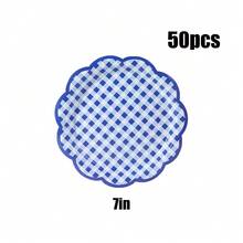 10/20/40/50pcs,Blue And White Checkered Birthday Party Supplies, Coastal Deep Blue Scallop Party Disposable Paper Plates, Birthday Party Decoration Supplies, Blues Dinner, Wedding, BabyShower, Birthday, Picnic, Barbecue Essential