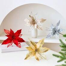 Artificial Mesh Flower Christmas Flower Christmas Tree Decoration, Sequin Velvet Handmade Flower, Gold Powder Christmas Flower Home Decor Christmas Decorations Room Decor