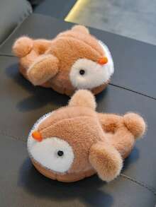 1 Pair Kids Plush Slippers, Cartoon Cute Soft Bottom Penguin Fur Toddler House Slippers, Winter - Brown - View 2