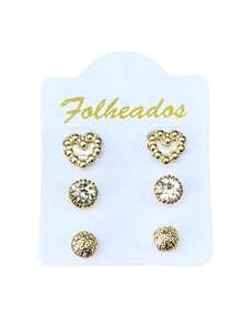 Kit 3 Pairs Of Small Gold Plated Earrings For First, Second And Third Holes, Various Models, Rhinestone Stones - MODELO 01 - Ver 1