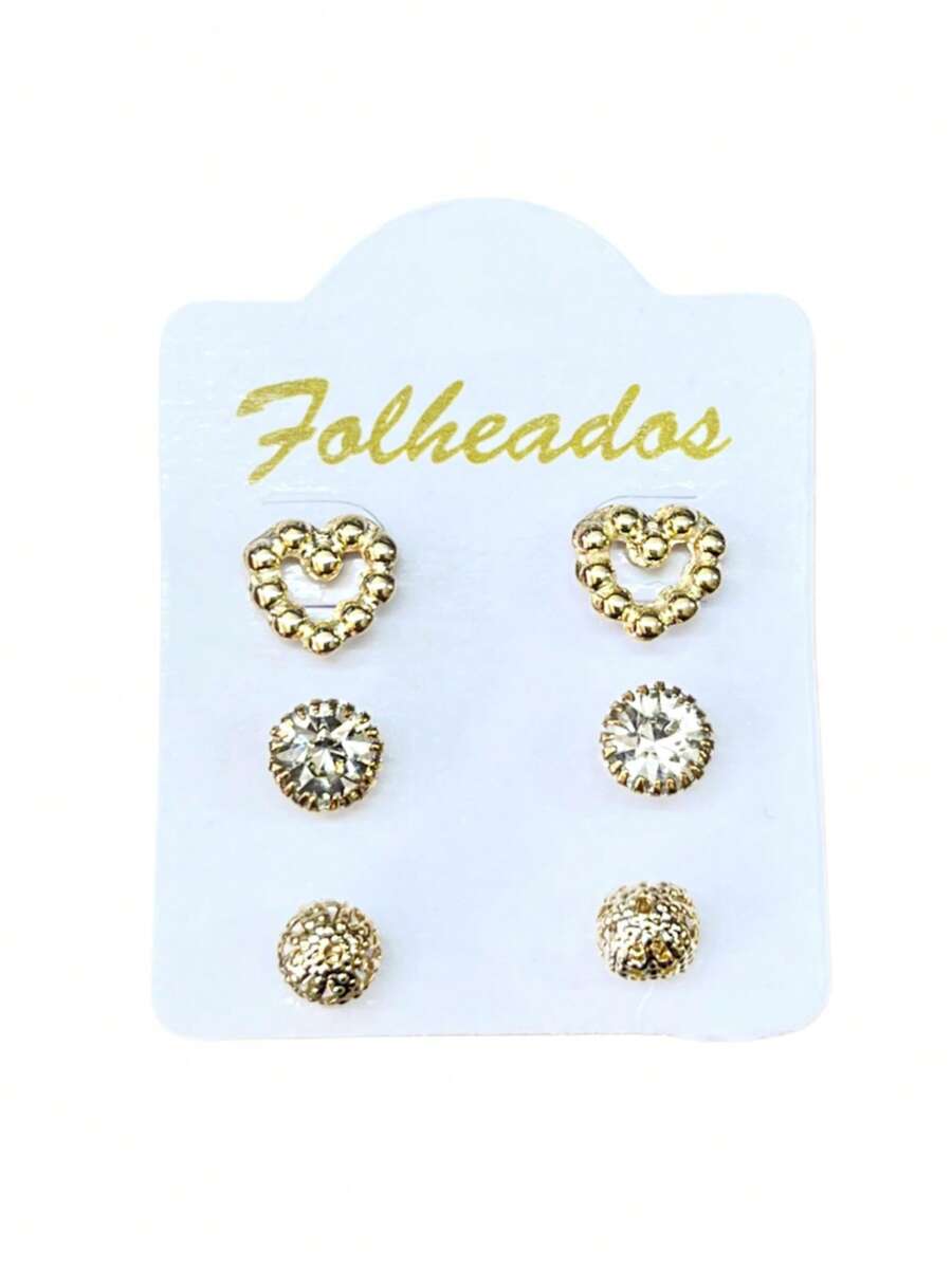 Kit 3 Pairs Of Small Gold Plated Earrings For First, Second And Third Holes, Various Models, Rhinestone Stones - MODELO 01 - Ver 1