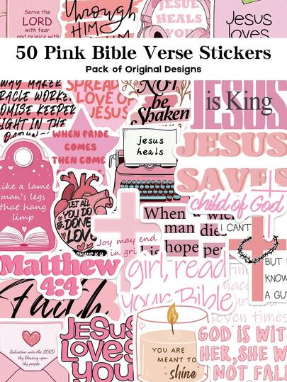 YWWBLD 50Pcs Pink Jesus Bible Verse Stickers Waterproof PVC Gift Cartoon Decoration Scrapbook Laptop Luggage Guitar Water Cup Phone Case DIY Decal