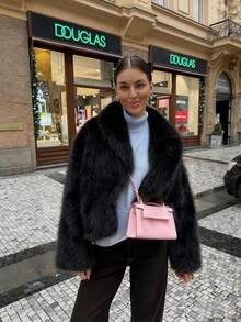 Women's Retro High-End Faux Fur Short Jacket, Loose Version Fashion Casual Coat - Black - View 3