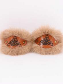 2pcs Set PU Leather Viking Wrist Guards: Faux Fur Trimmed Nordic Rune Armor, Suitable For LARP, Renaissance Fairs And Cosplay - A - View 7