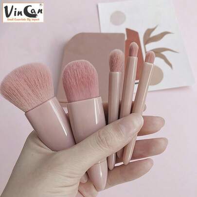 VINCAN 5 pezzi Set mini portatile di pennelli per trucco con specchio, set mini portatile di pennelli per trucco, strumenti di bellezza professionali, setole morbide per ombretto e occhi, in plastica, con specchio, per uso senza elettricità, senza piume